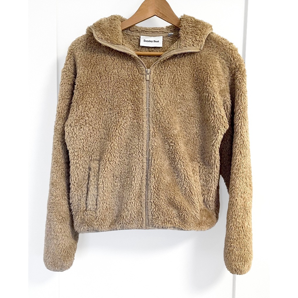 Aritzia Sunday Best Fuzzy Zip Hoodie Tan Sherpa